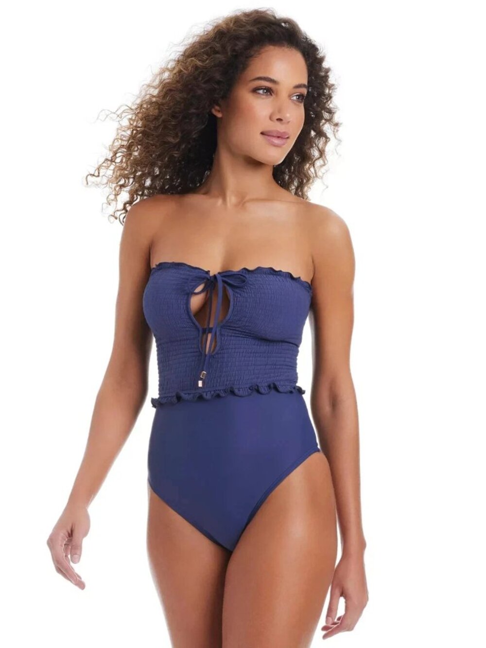 New Women's Wave Solids Tie-Front Bandeau One-Piece Swimsuit Smocked Gold Sz XL